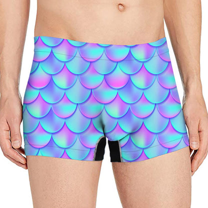 Teal Purple Mermaid Scales Pattern Print Men's Boxer Briefs