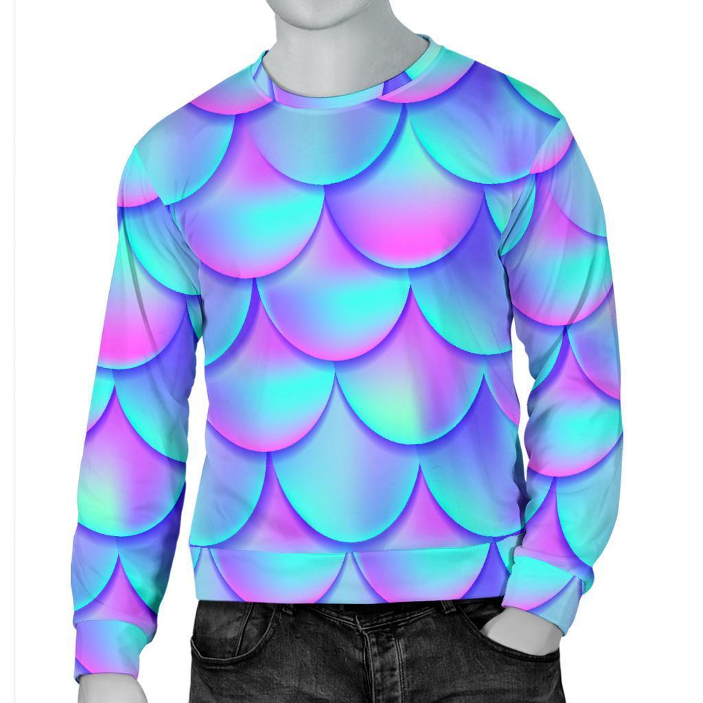 Teal Purple Mermaid Scales Pattern Print Men's Crewneck Sweatshirt GearFrost