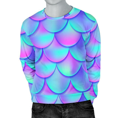 Teal Purple Mermaid Scales Pattern Print Men's Crewneck Sweatshirt GearFrost