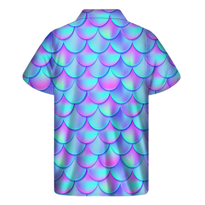 Teal Purple Mermaid Scales Pattern Print Men's Short Sleeve Shirt