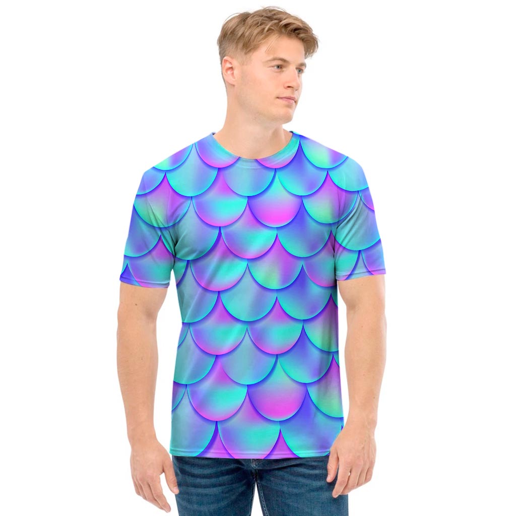 Teal Purple Mermaid Scales Pattern Print Men's T-Shirt