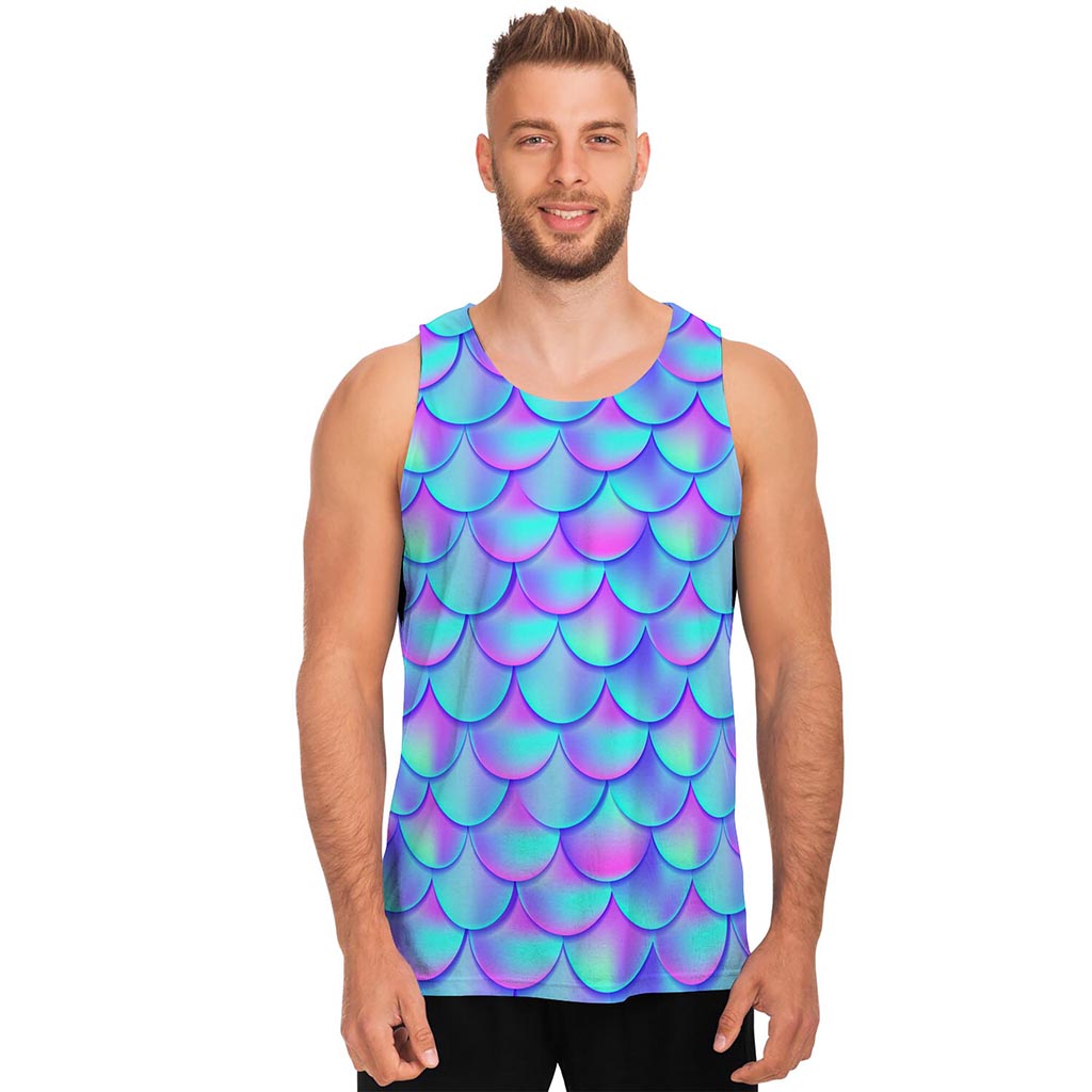 Teal Purple Mermaid Scales Pattern Print Men's Tank Top