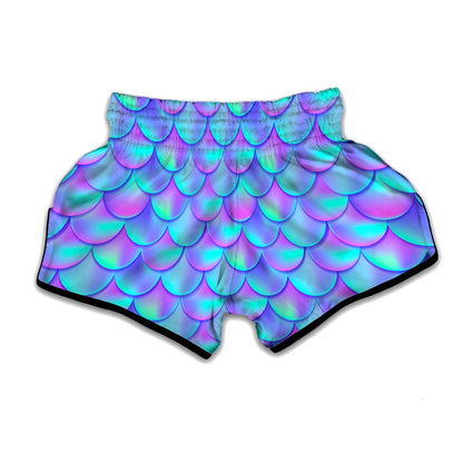 Teal Purple Mermaid Scales Pattern Print Muay Thai Boxing Shorts