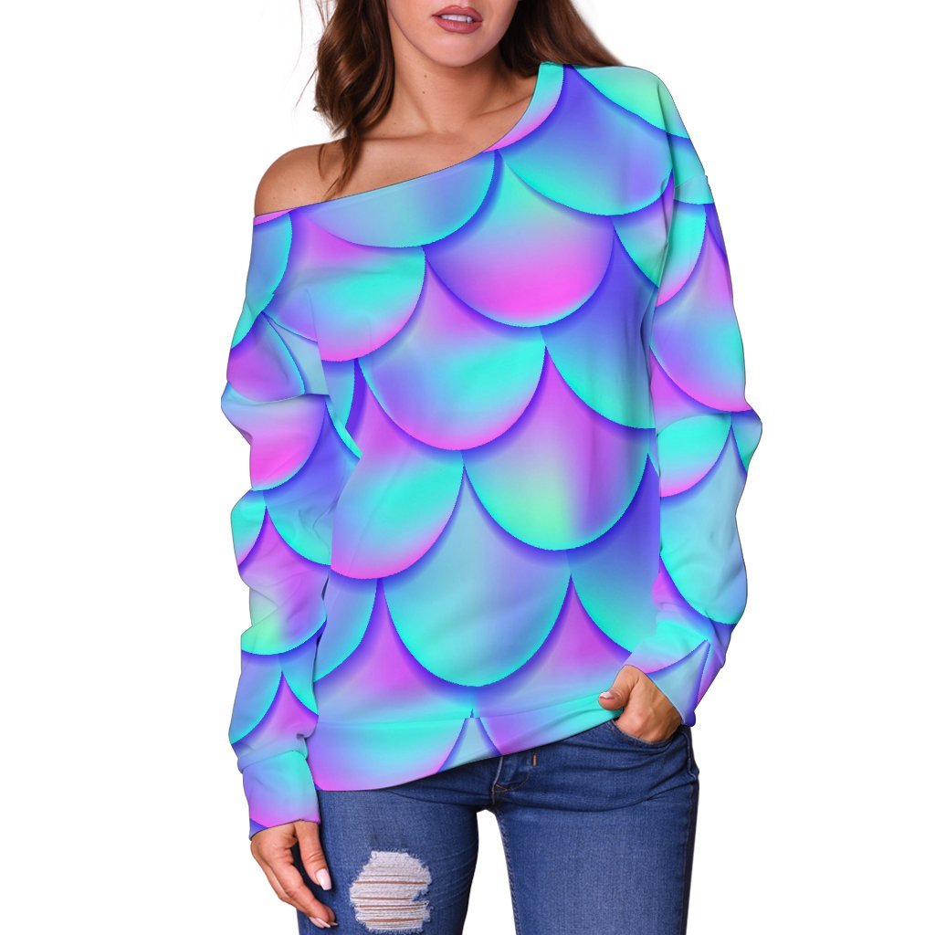 Teal Purple Mermaid Scales Pattern Print Off Shoulder Sweatshirt GearFrost