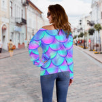 Teal Purple Mermaid Scales Pattern Print Off Shoulder Sweatshirt GearFrost