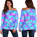 Teal Purple Mermaid Scales Pattern Print Off The Shoulder Sweatshirt