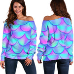 Teal Purple Mermaid Scales Pattern Print Off Shoulder Sweatshirt GearFrost