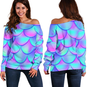 Teal Purple Mermaid Scales Pattern Print Off Shoulder Sweatshirt GearFrost