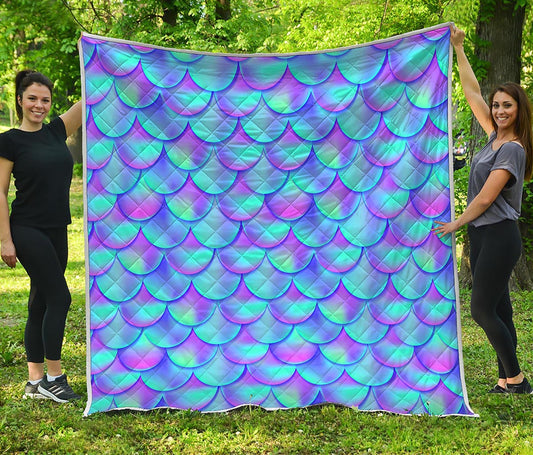 Teal Purple Mermaid Scales Pattern Print Quilt