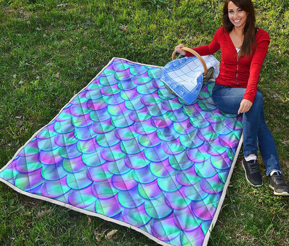 Teal Purple Mermaid Scales Pattern Print Quilt
