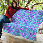 Teal Purple Mermaid Scales Pattern Print Quilt