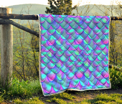 Teal Purple Mermaid Scales Pattern Print Quilt