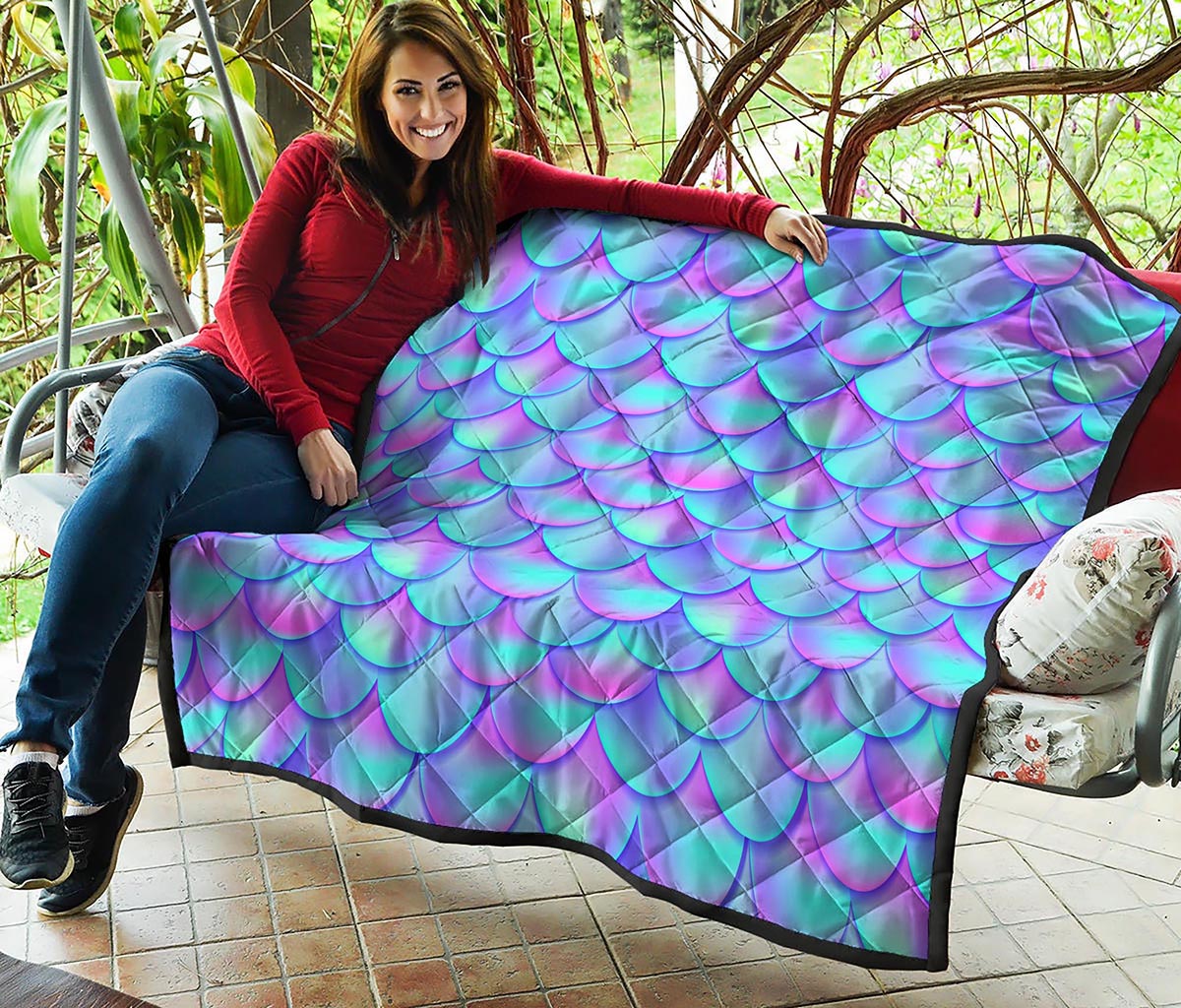 Teal Purple Mermaid Scales Pattern Print Quilt