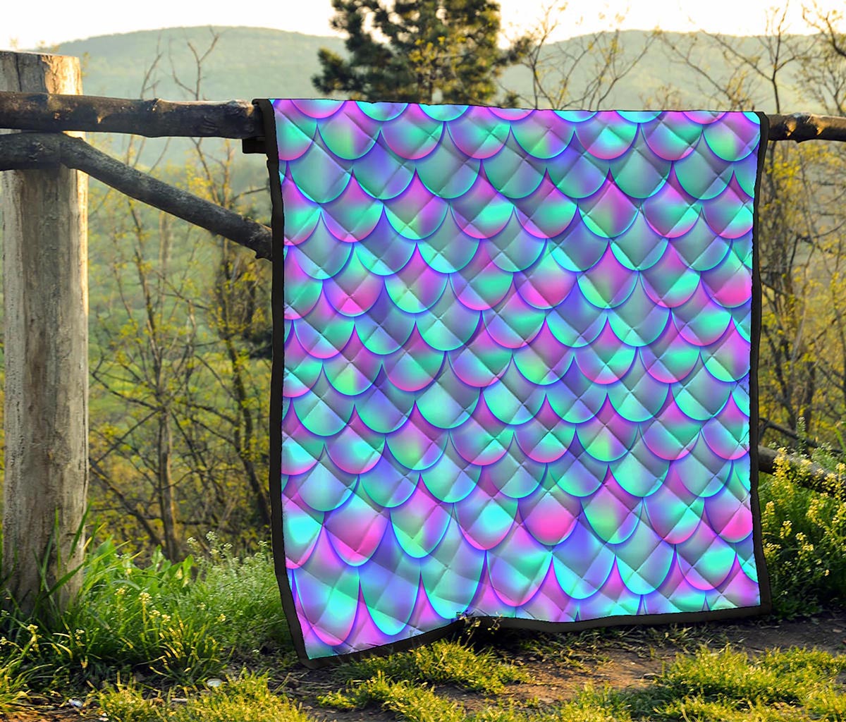 Teal Purple Mermaid Scales Pattern Print Quilt