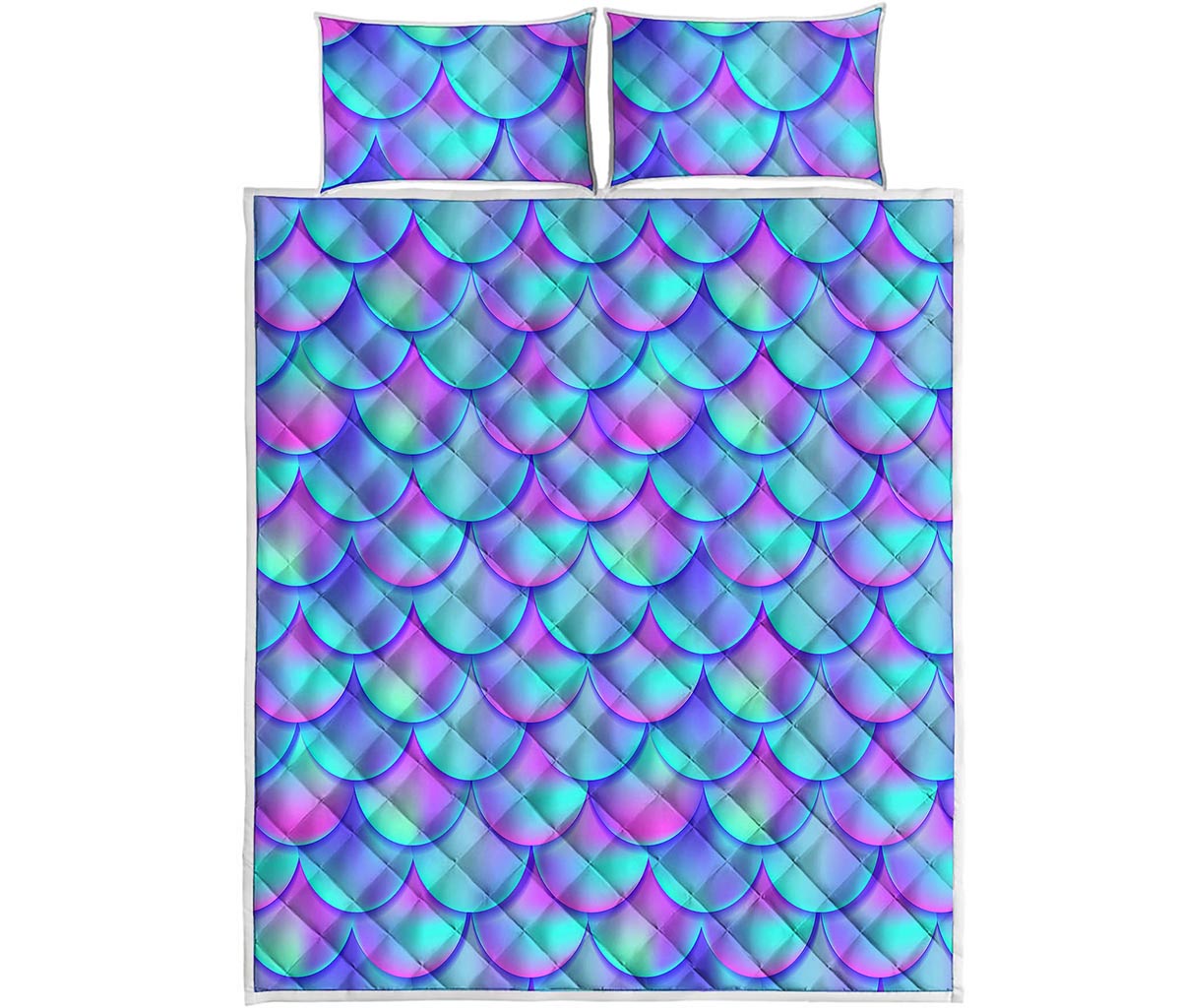 Teal Purple Mermaid Scales Pattern Print Quilt Bed Set
