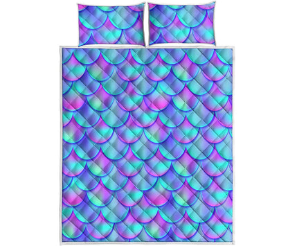 Teal Purple Mermaid Scales Pattern Print Quilt Bed Set