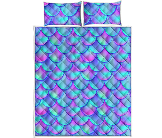Teal Purple Mermaid Scales Pattern Print Quilt Bed Set