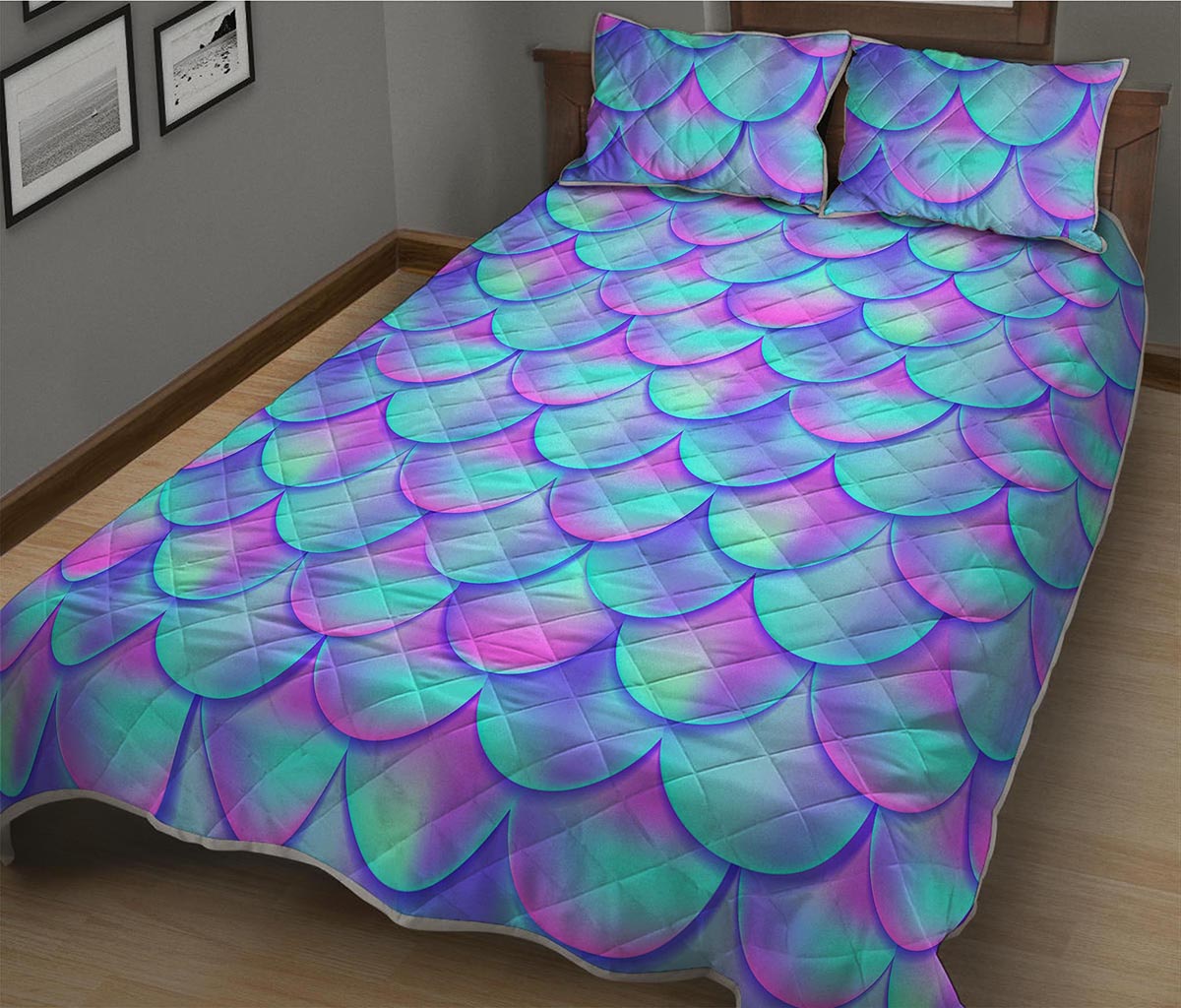 Teal Purple Mermaid Scales Pattern Print Quilt Bed Set