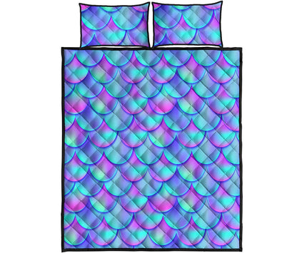 Teal Purple Mermaid Scales Pattern Print Quilt Bed Set