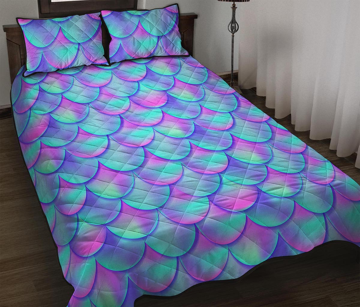 Teal Purple Mermaid Scales Pattern Print Quilt Bed Set