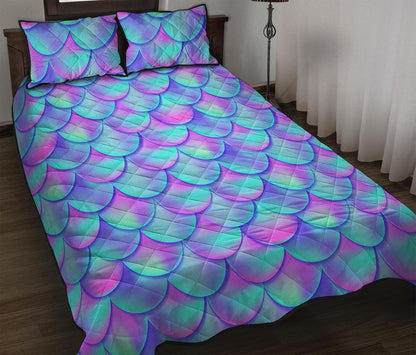 Teal Purple Mermaid Scales Pattern Print Quilt Bed Set