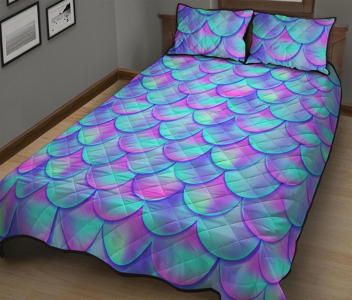 Teal Purple Mermaid Scales Pattern Print Quilt Bed Set