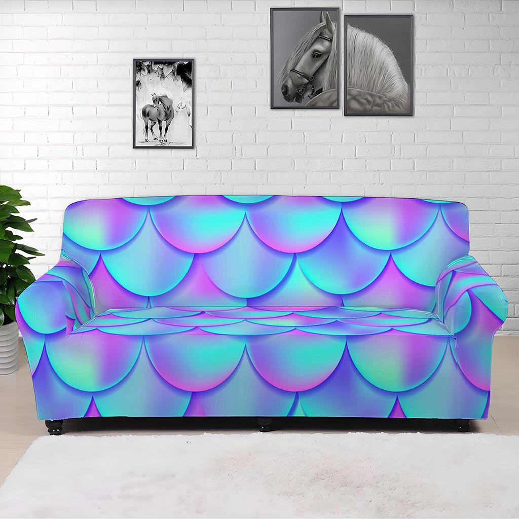Teal Purple Mermaid Scales Pattern Print Sofa Cover