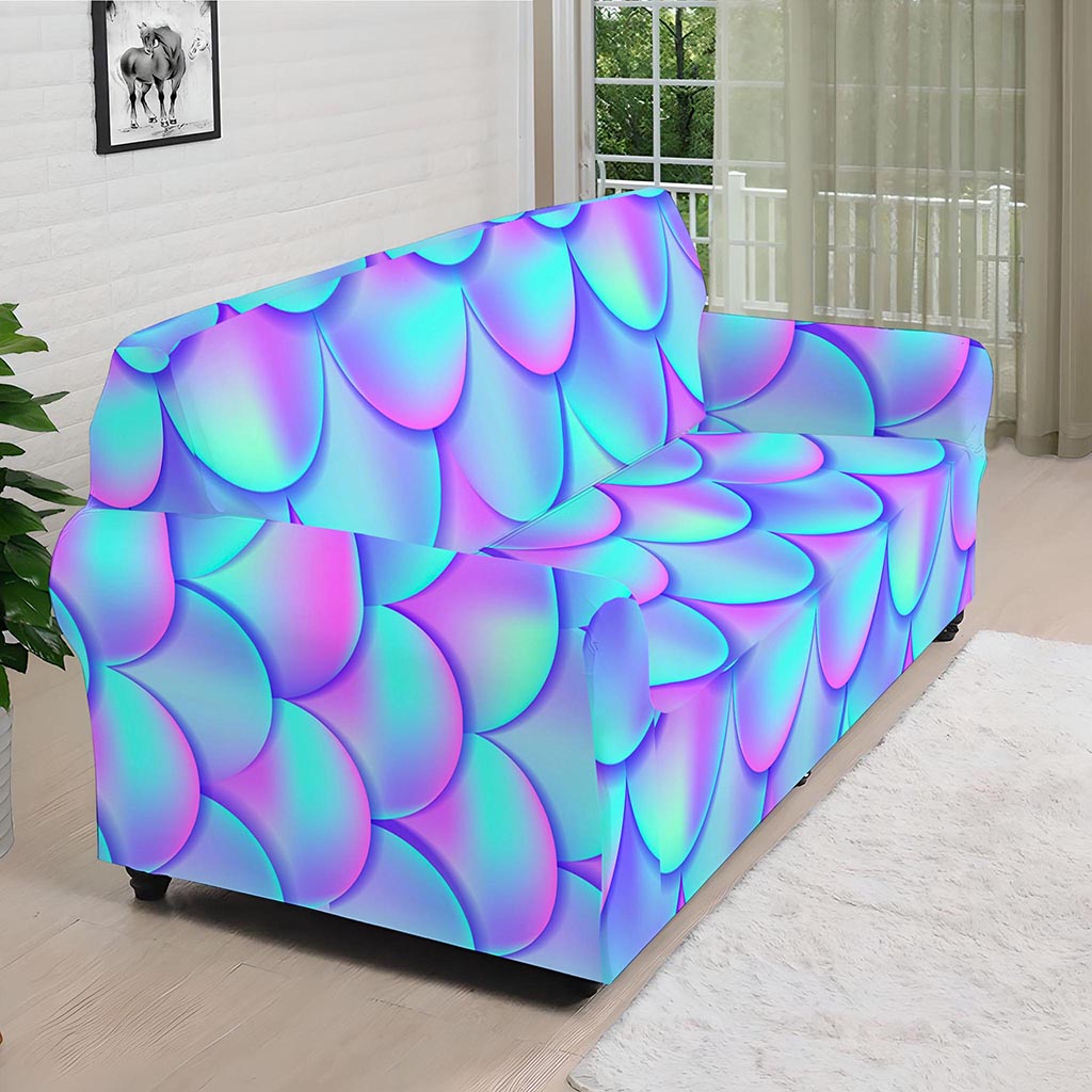 Teal Purple Mermaid Scales Pattern Print Sofa Cover