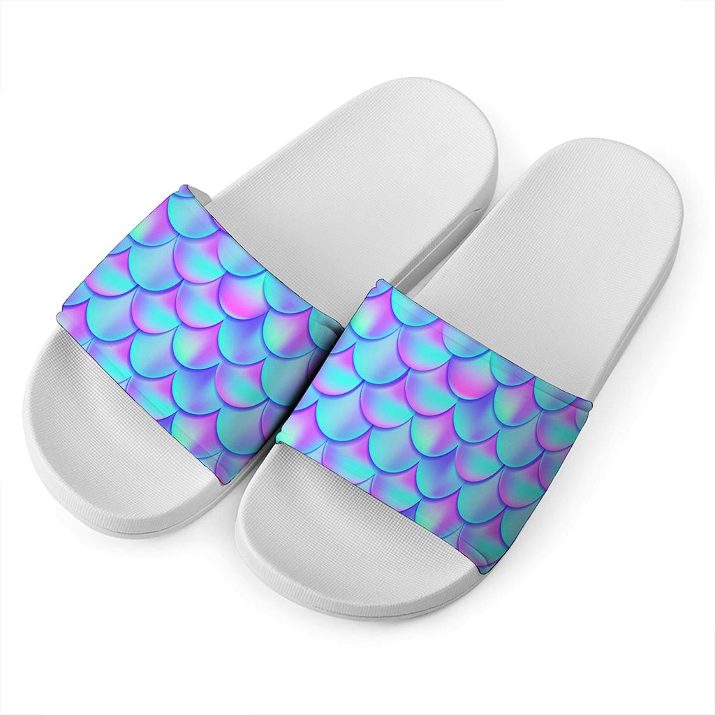 Teal Purple Mermaid Scales Pattern Print White Slide Sandals