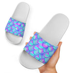 Teal Purple Mermaid Scales Pattern Print White Slide Sandals