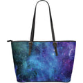 Teal Purple Stardust Galaxy Space Print Leather Tote Bag With Zipper