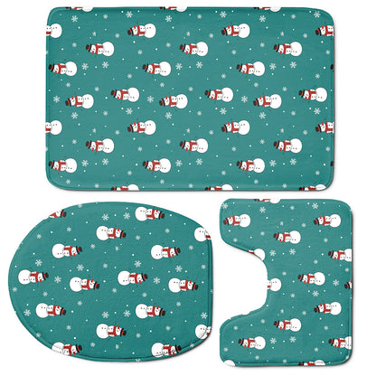 Teal Snowman Pattern Print 3 Piece Bath Mat Set