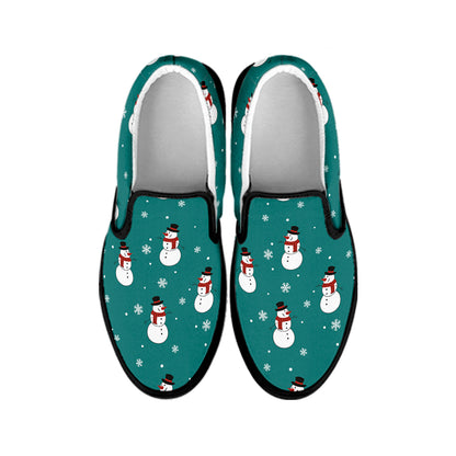 Teal Snowman Pattern Print Black Slip On Shoes