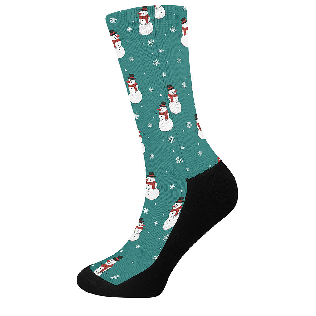 Teal Snowman Pattern Print Crew Socks