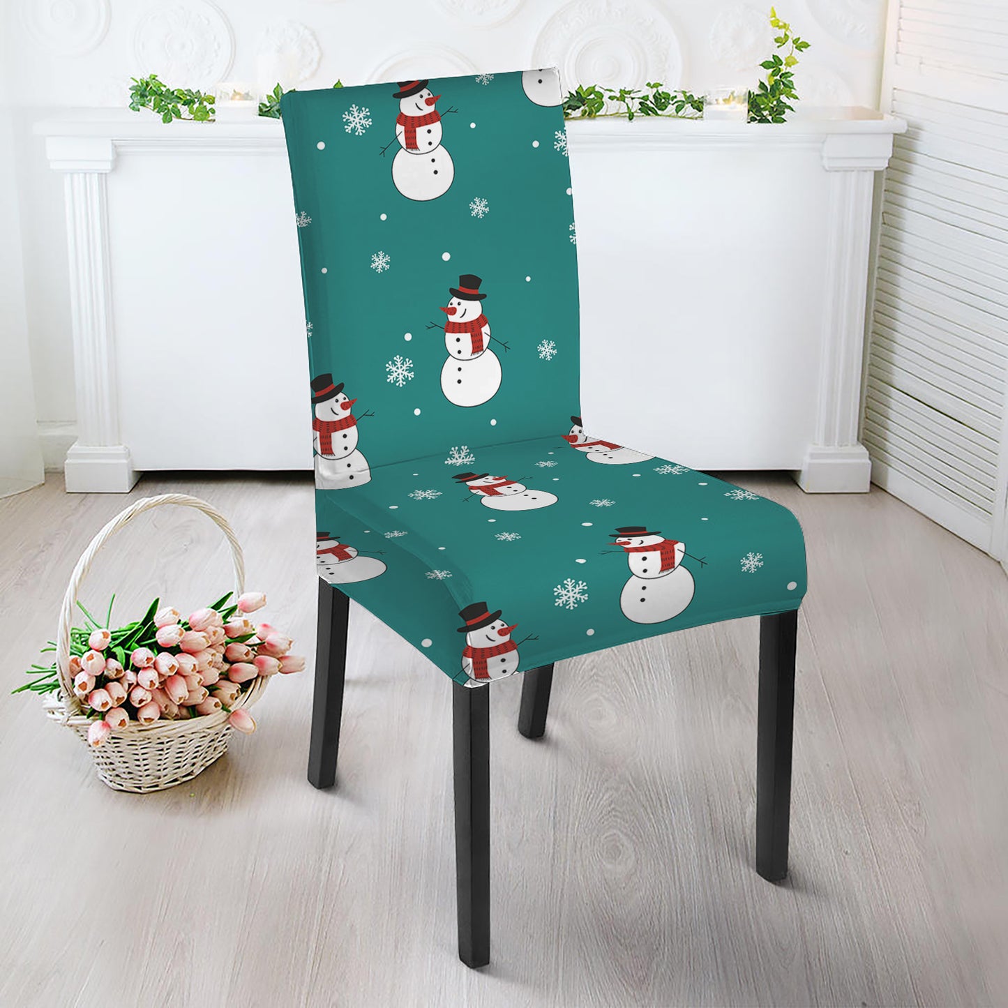 Teal Snowman Pattern Print Dining Chair Slipcover