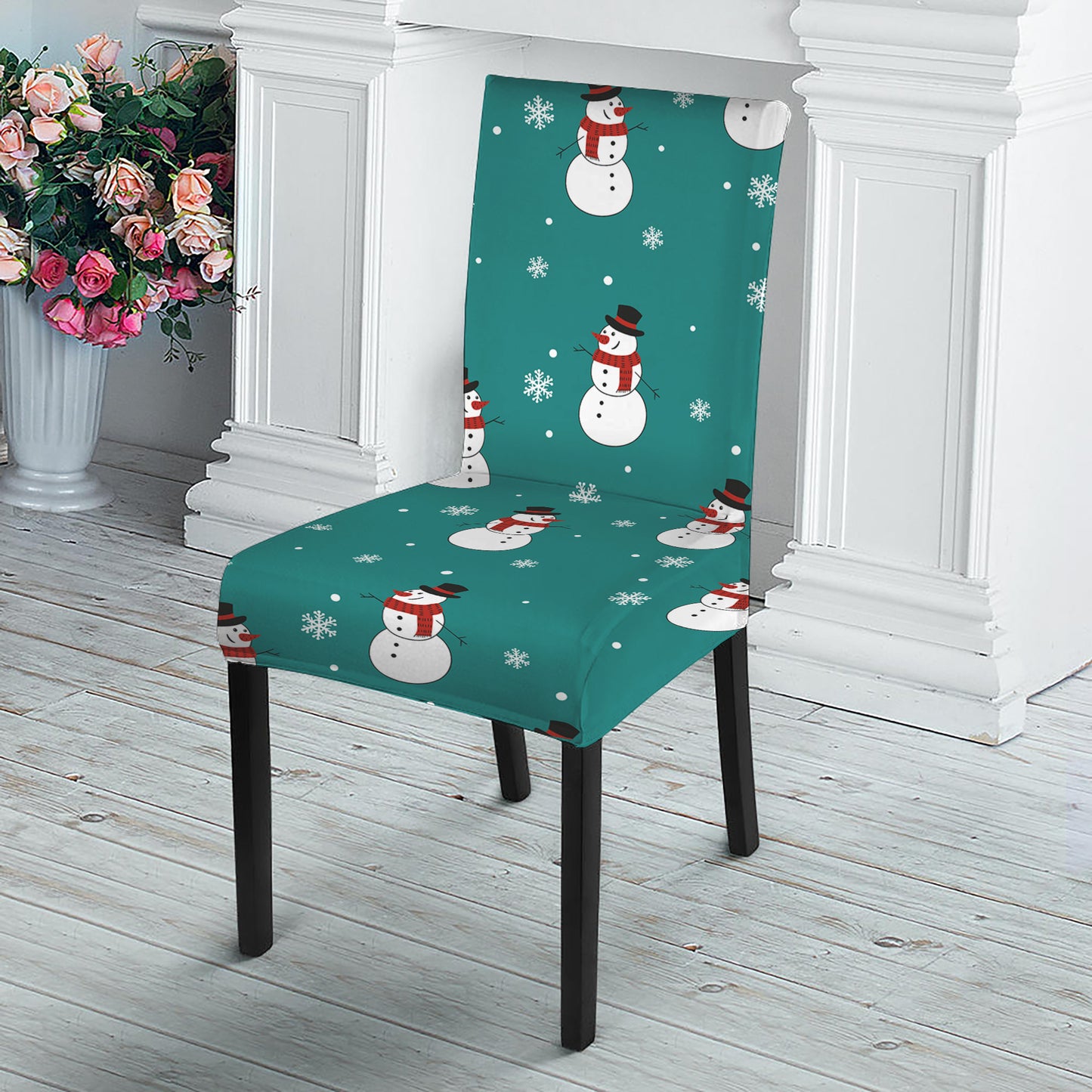 Teal Snowman Pattern Print Dining Chair Slipcover