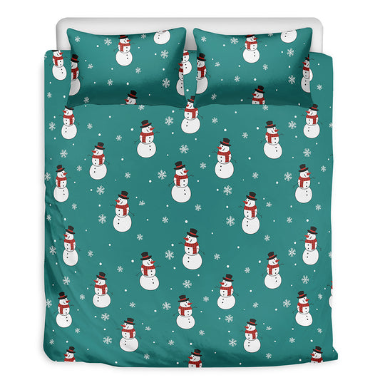 Teal Snowman Pattern Print Duvet Cover Bedding Set