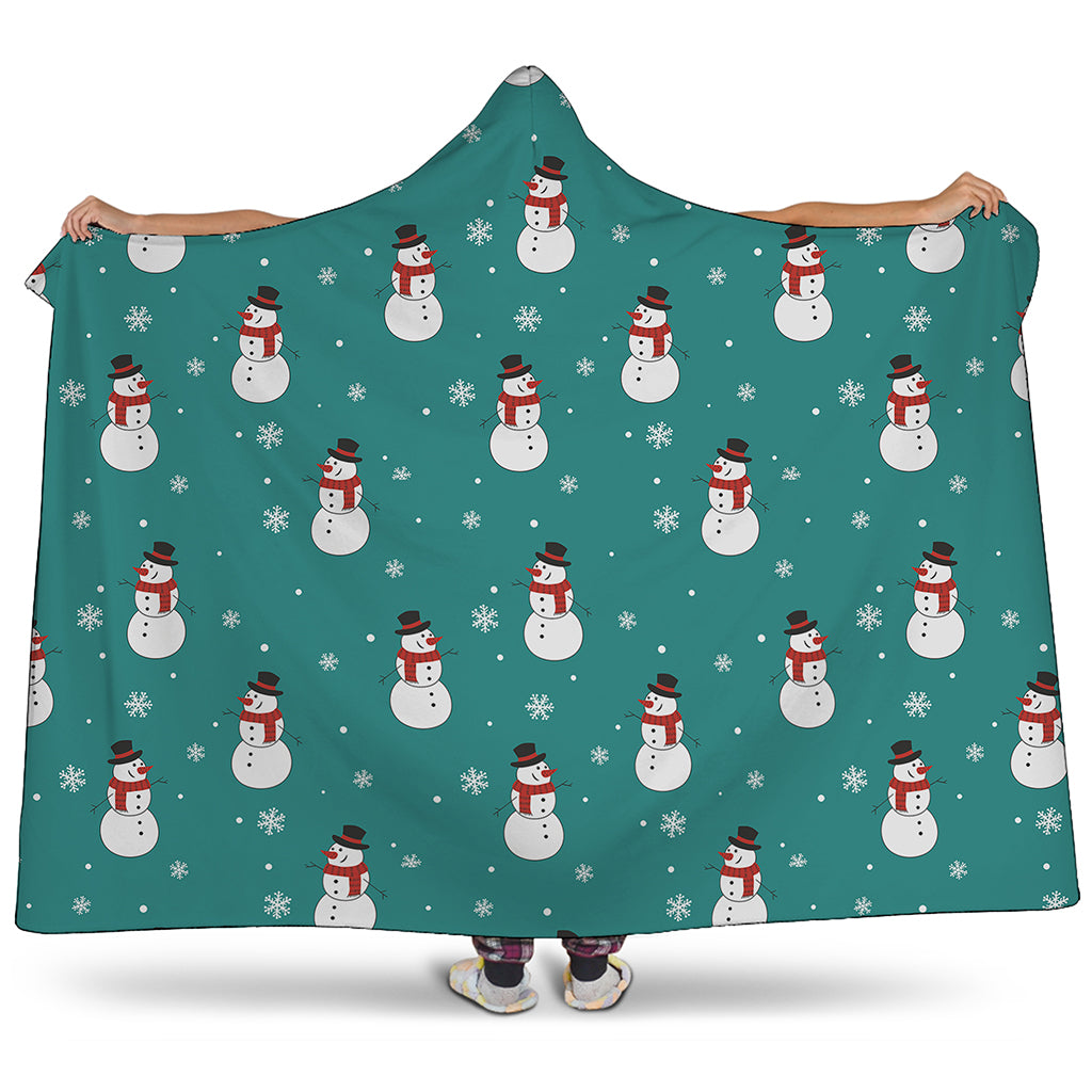Teal Snowman Pattern Print Hooded Blanket
