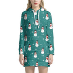 Teal Snowman Pattern Print Hoodie Dress