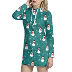 Teal Snowman Pattern Print Hoodie Dress