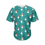 Teal Snowman Pattern Print Men's Baseball Jersey