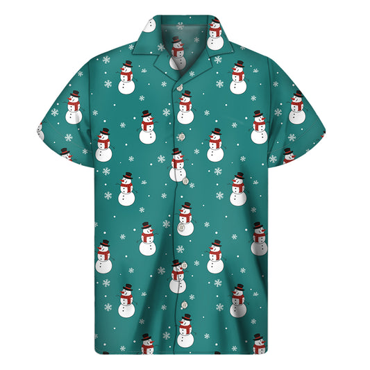 Teal Snowman Pattern Print Men's Short Sleeve Shirt