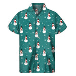 Teal Snowman Pattern Print Men's Short Sleeve Shirt