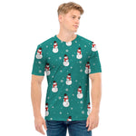 Teal Snowman Pattern Print Men's T-Shirt