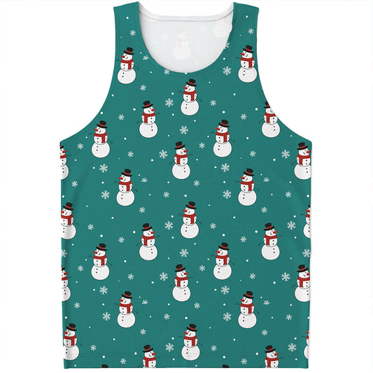 Teal Snowman Pattern Print Men's Tank Top