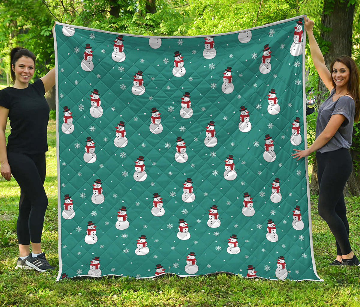 Teal Snowman Pattern Print Quilt