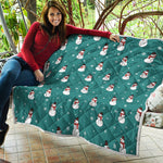Teal Snowman Pattern Print Quilt