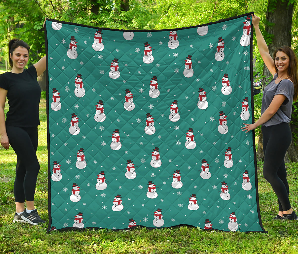 Teal Snowman Pattern Print Quilt