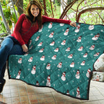 Teal Snowman Pattern Print Quilt