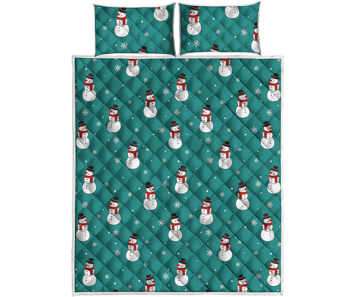 Teal Snowman Pattern Print Quilt Bed Set